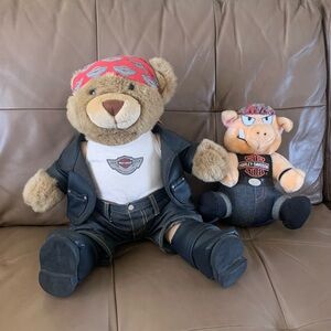 Pair of Vintage Harley-Davidson stuffed plush toys - Harley Hog & Biker Bear.